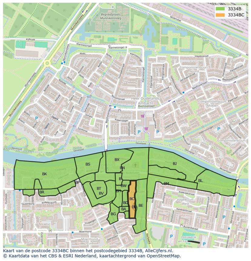 Afbeelding van het postcodegebied 3334 BC op de kaart.
