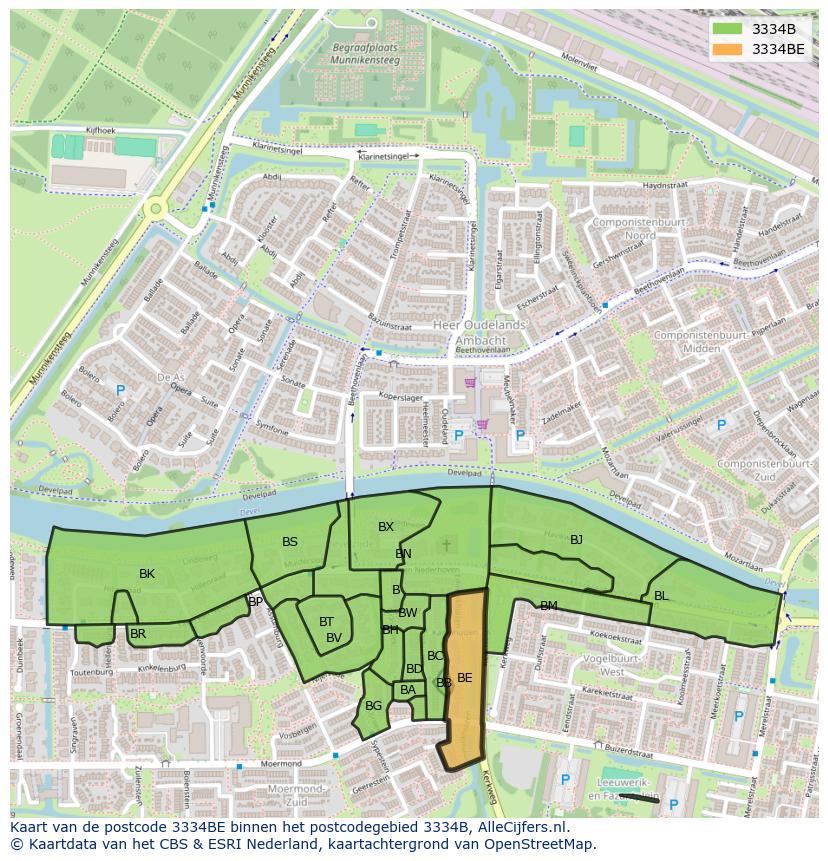 Afbeelding van het postcodegebied 3334 BE op de kaart.