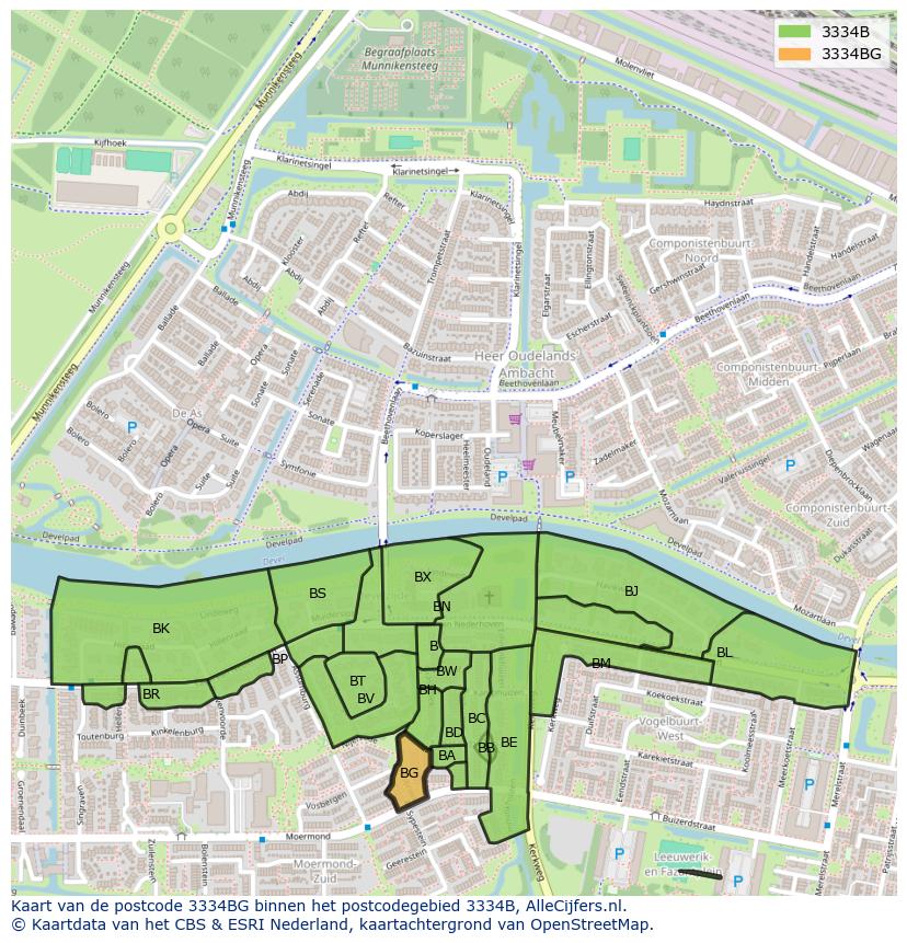 Afbeelding van het postcodegebied 3334 BG op de kaart.