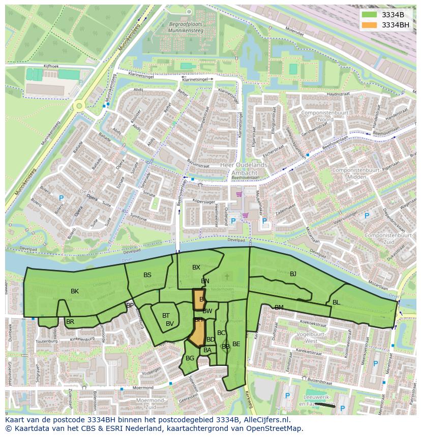Afbeelding van het postcodegebied 3334 BH op de kaart.