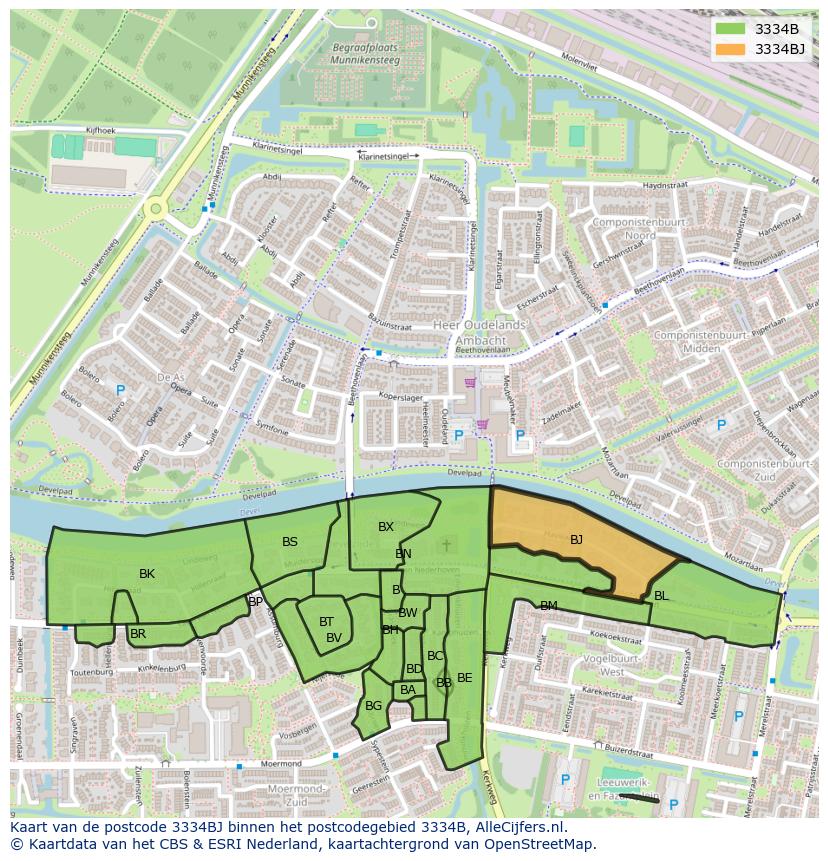 Afbeelding van het postcodegebied 3334 BJ op de kaart.