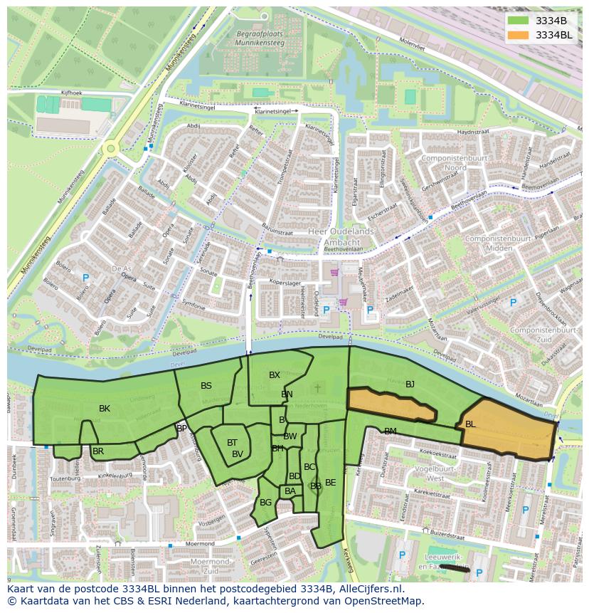 Afbeelding van het postcodegebied 3334 BL op de kaart.