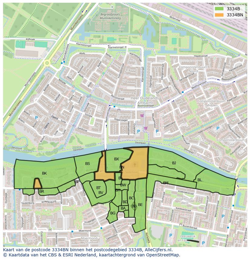 Afbeelding van het postcodegebied 3334 BN op de kaart.