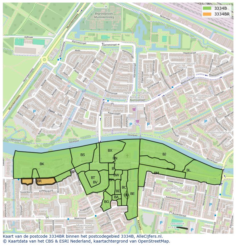 Afbeelding van het postcodegebied 3334 BR op de kaart.
