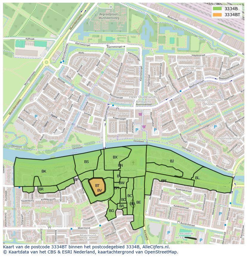 Afbeelding van het postcodegebied 3334 BT op de kaart.
