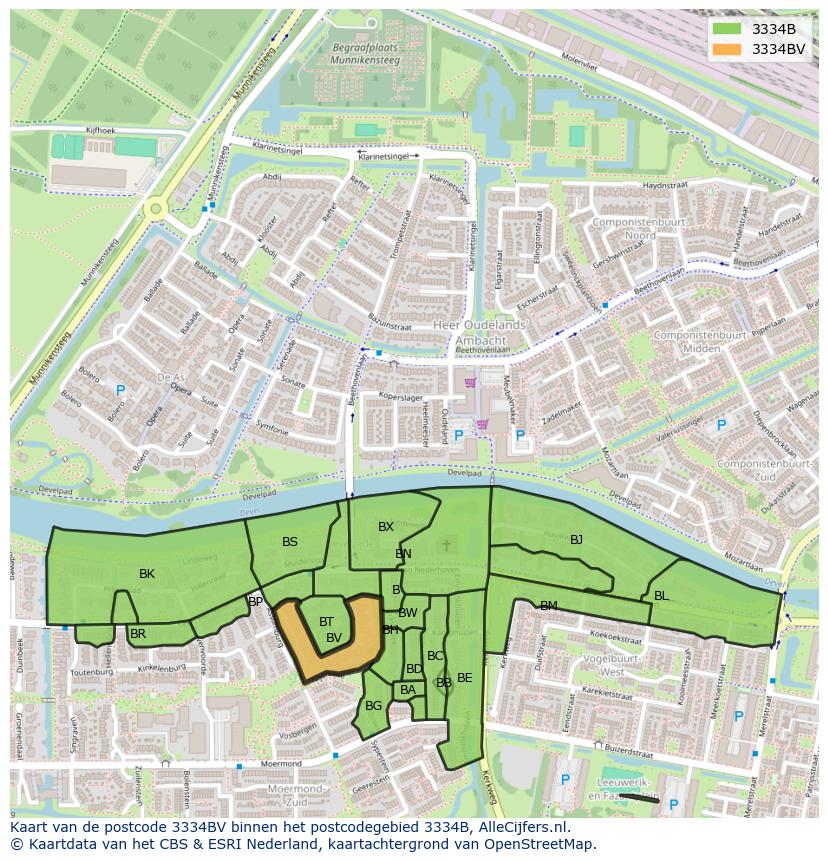 Afbeelding van het postcodegebied 3334 BV op de kaart.