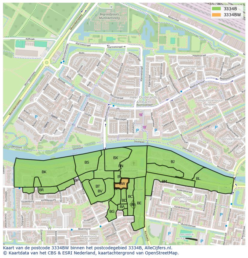 Afbeelding van het postcodegebied 3334 BW op de kaart.