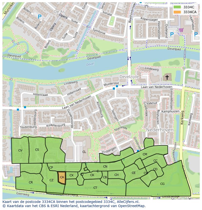 Afbeelding van het postcodegebied 3334 CA op de kaart.