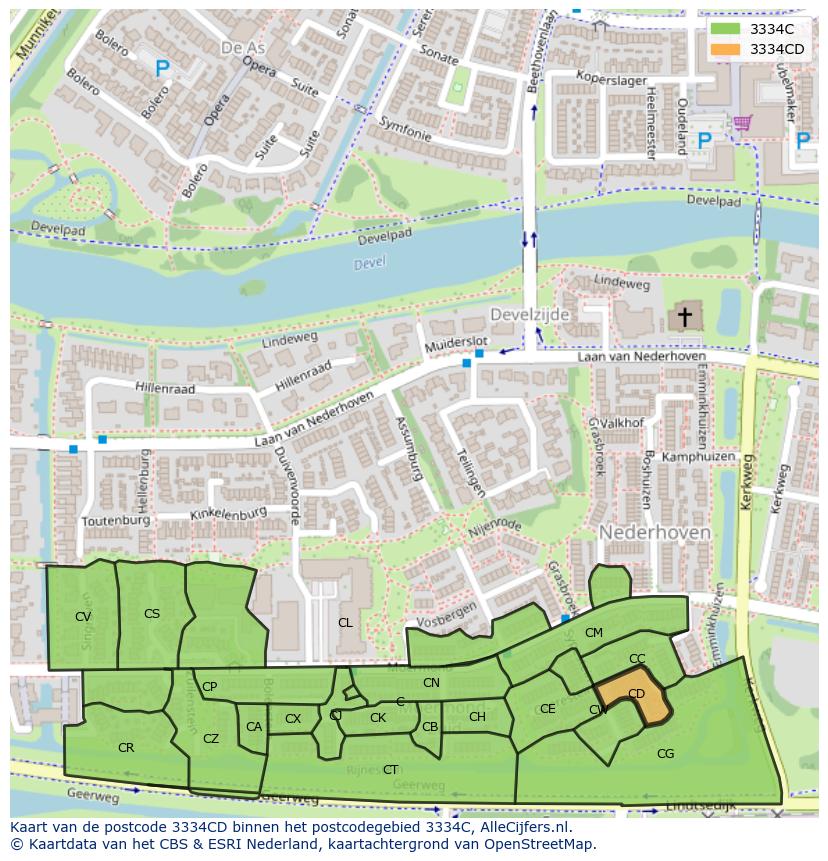 Afbeelding van het postcodegebied 3334 CD op de kaart.