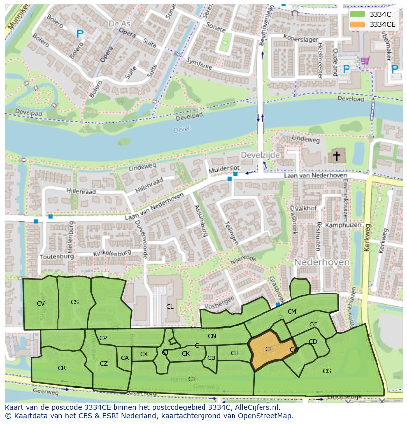 Afbeelding van het postcodegebied 3334 CE op de kaart.