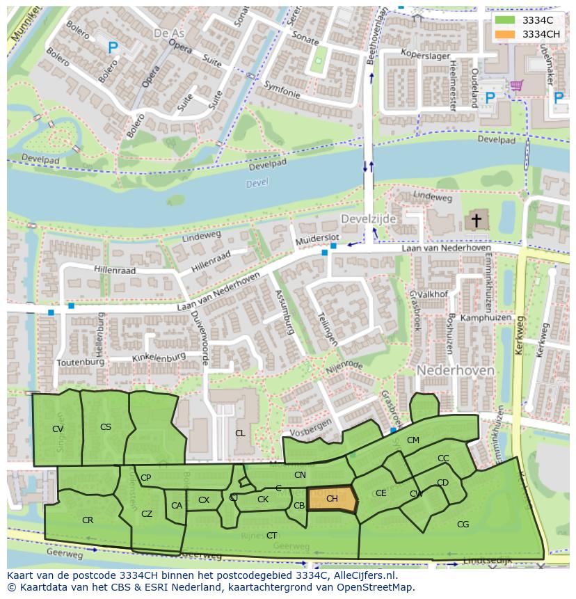 Afbeelding van het postcodegebied 3334 CH op de kaart.