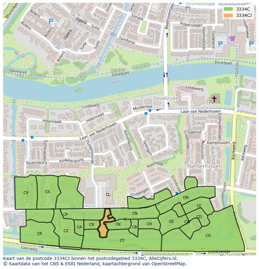 Afbeelding van het postcodegebied 3334 CJ op de kaart.
