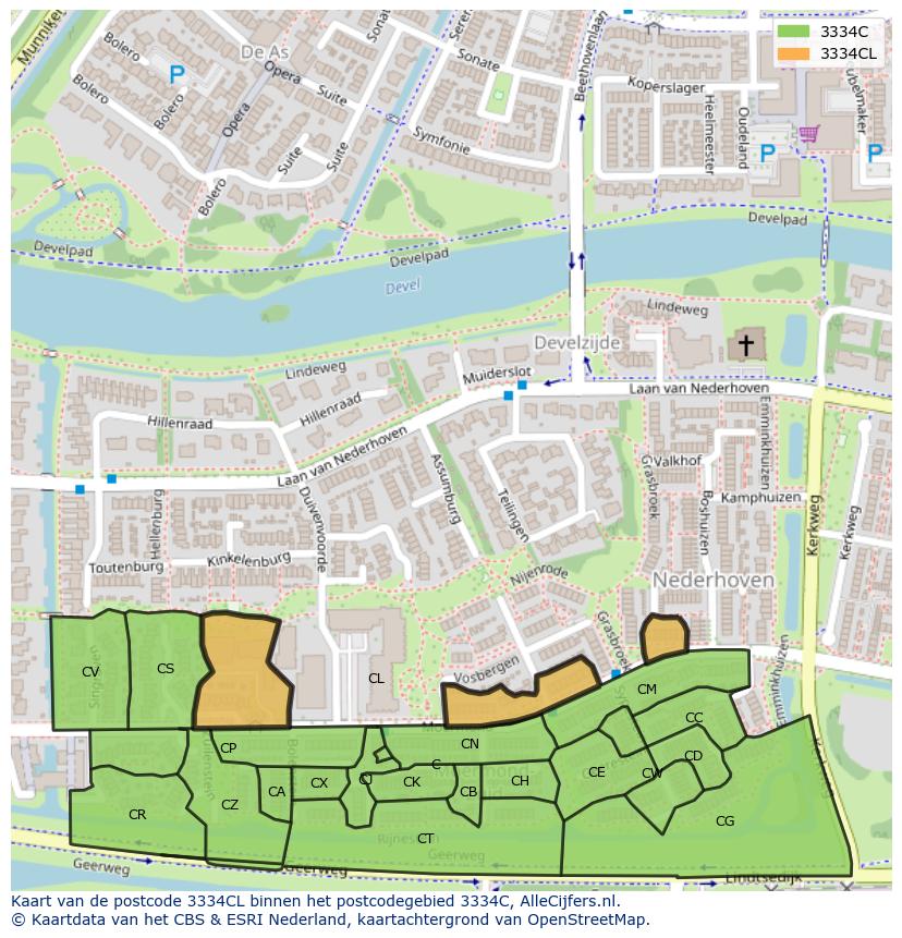 Afbeelding van het postcodegebied 3334 CL op de kaart.