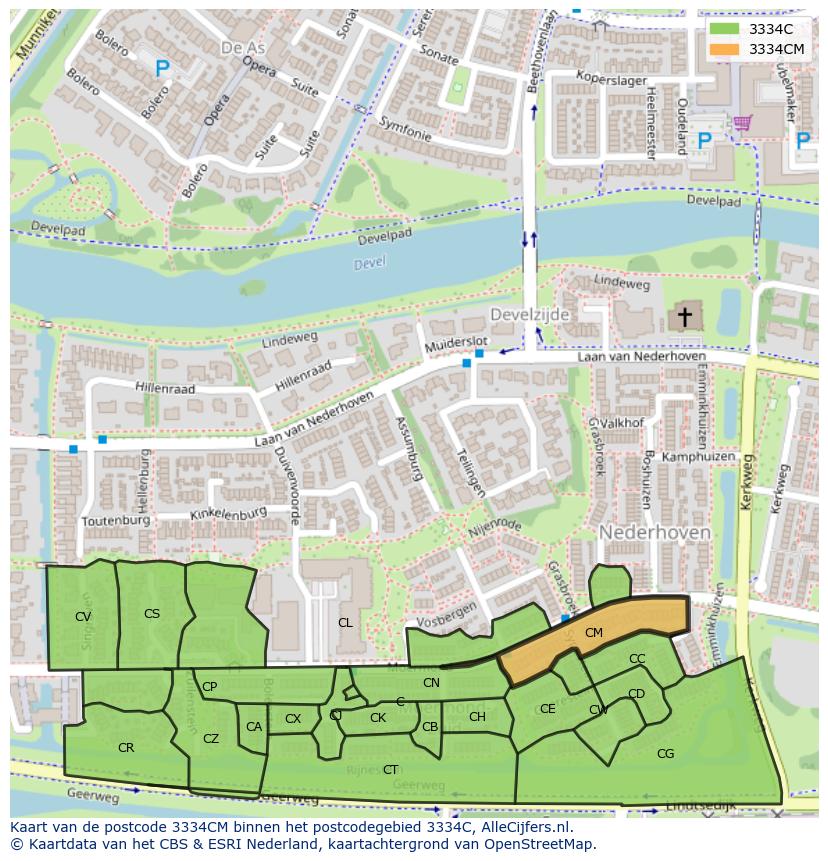 Afbeelding van het postcodegebied 3334 CM op de kaart.