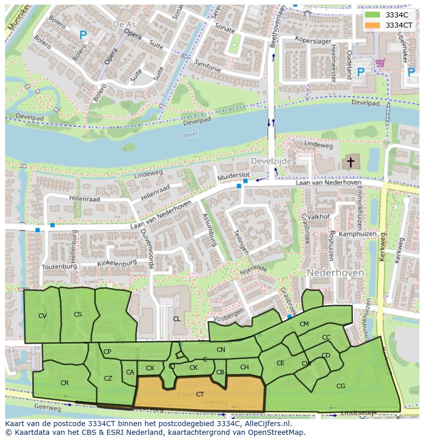 Afbeelding van het postcodegebied 3334 CT op de kaart.