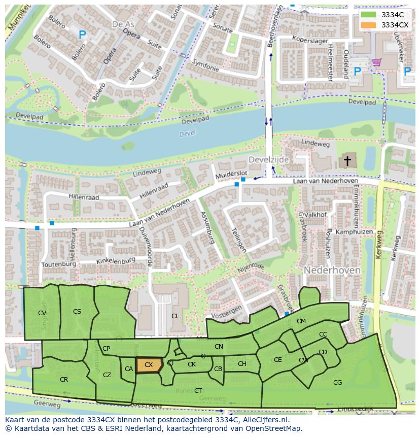 Afbeelding van het postcodegebied 3334 CX op de kaart.