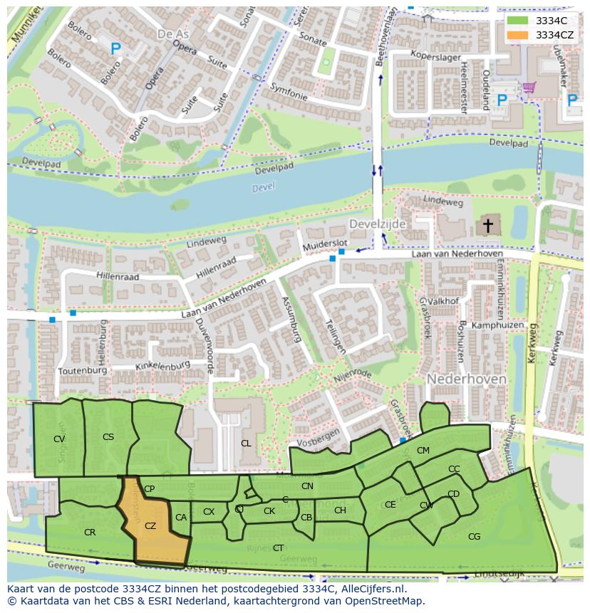 Afbeelding van het postcodegebied 3334 CZ op de kaart.