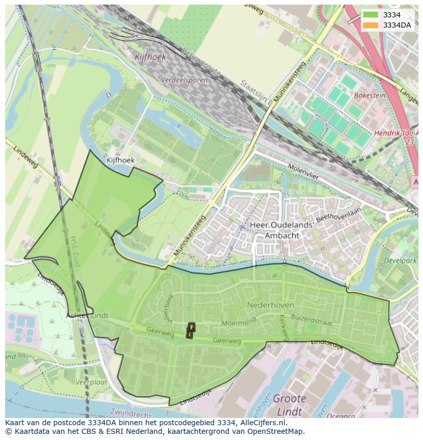 Afbeelding van het postcodegebied 3334 DA op de kaart.