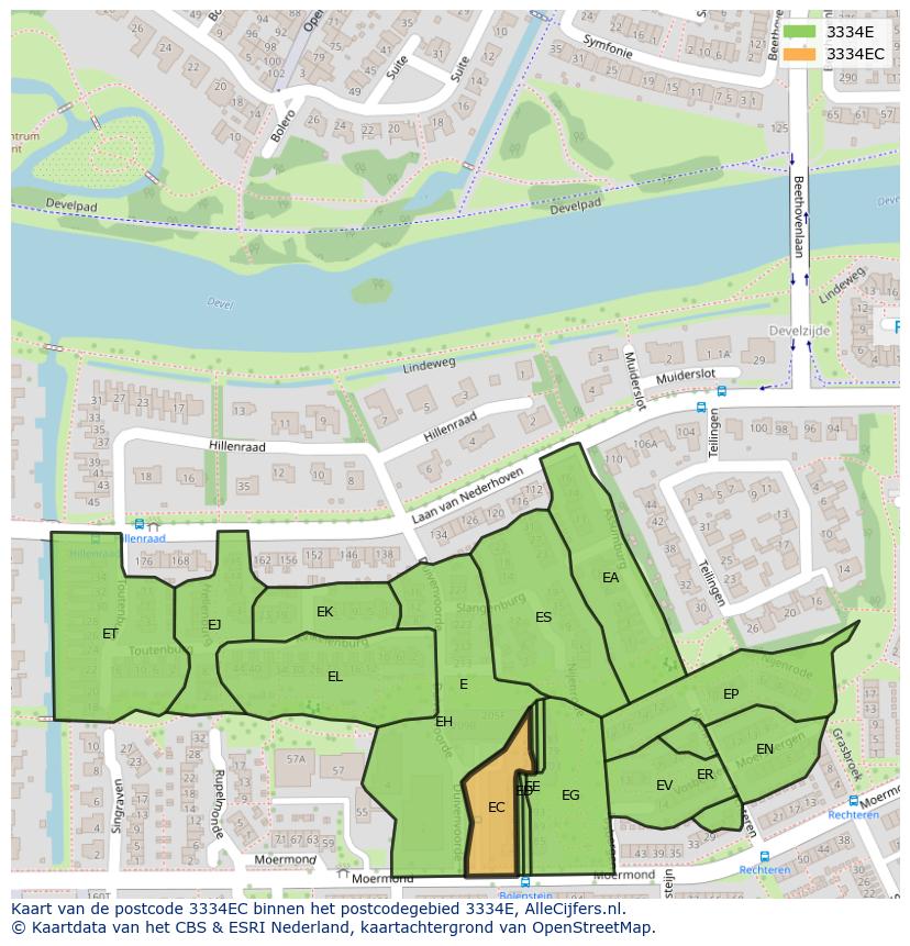 Afbeelding van het postcodegebied 3334 EC op de kaart.