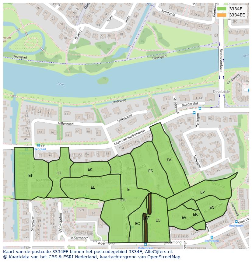 Afbeelding van het postcodegebied 3334 EE op de kaart.