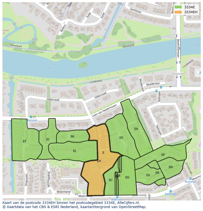 Afbeelding van het postcodegebied 3334 EH op de kaart.