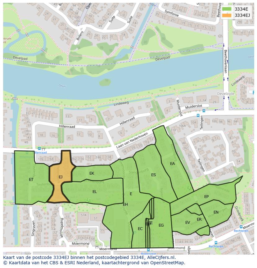 Afbeelding van het postcodegebied 3334 EJ op de kaart.