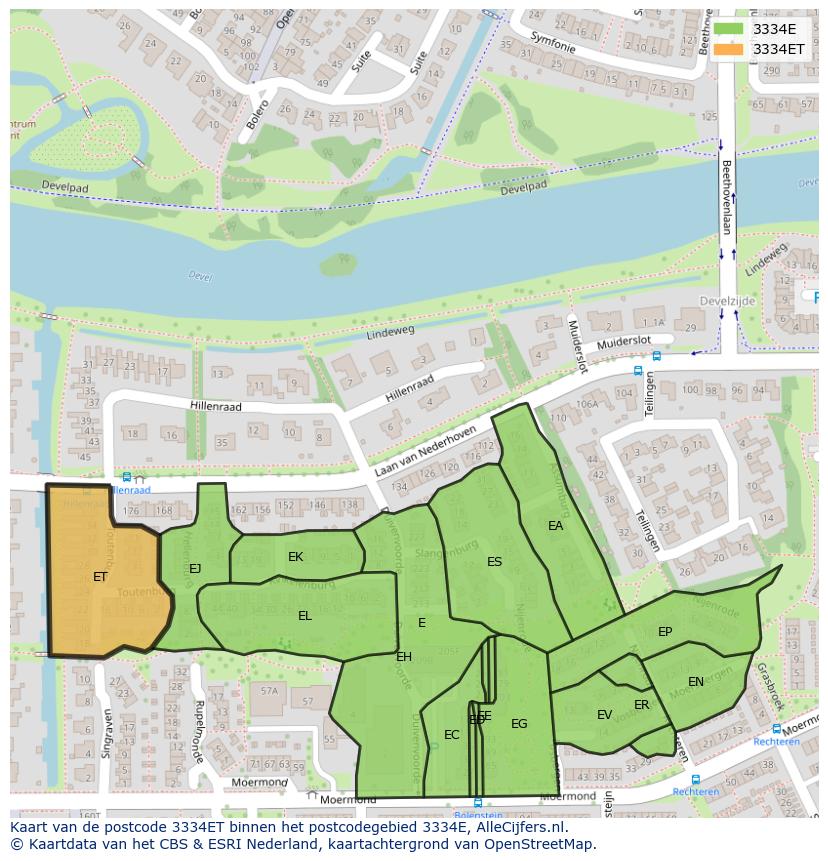 Afbeelding van het postcodegebied 3334 ET op de kaart.