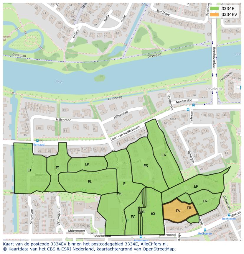 Afbeelding van het postcodegebied 3334 EV op de kaart.