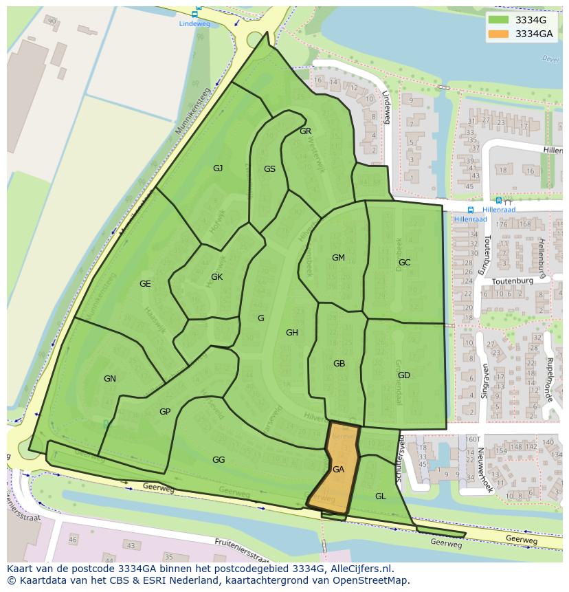 Afbeelding van het postcodegebied 3334 GA op de kaart.
