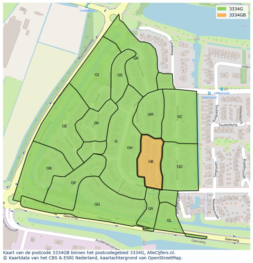 Afbeelding van het postcodegebied 3334 GB op de kaart.