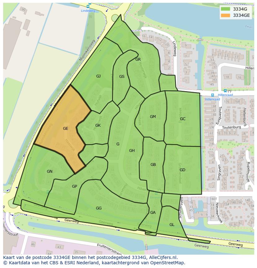 Afbeelding van het postcodegebied 3334 GE op de kaart.