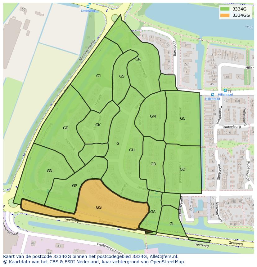 Afbeelding van het postcodegebied 3334 GG op de kaart.