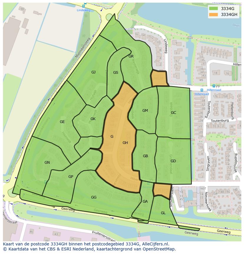 Afbeelding van het postcodegebied 3334 GH op de kaart.