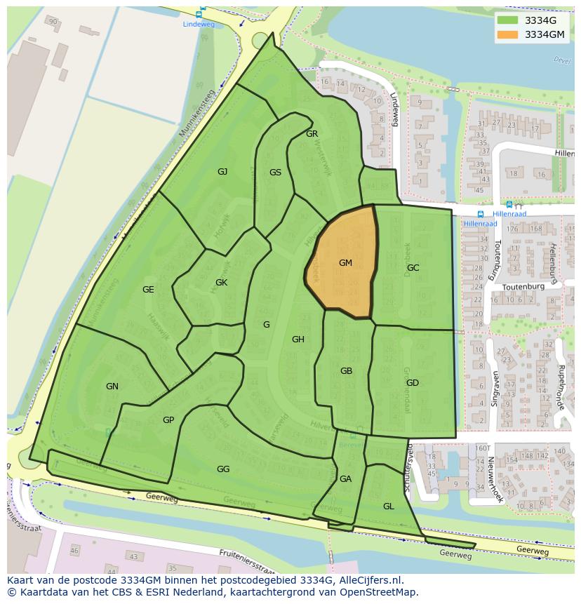 Afbeelding van het postcodegebied 3334 GM op de kaart.