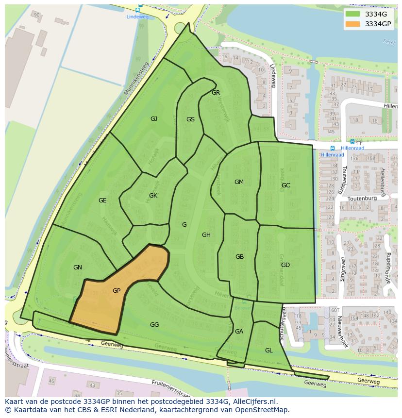 Afbeelding van het postcodegebied 3334 GP op de kaart.