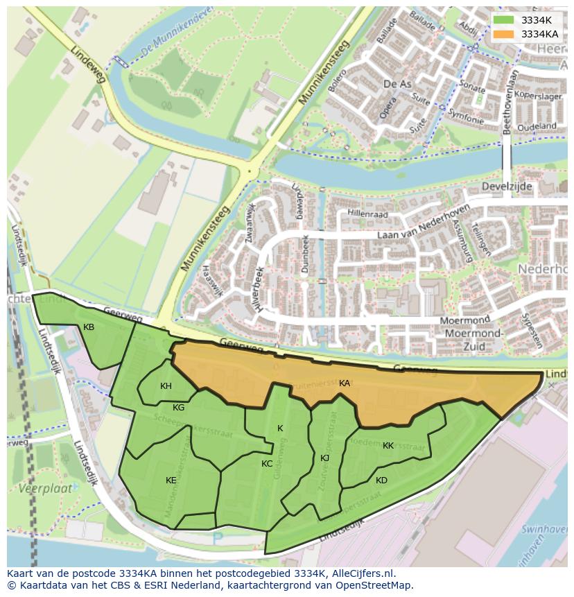 Afbeelding van het postcodegebied 3334 KA op de kaart.