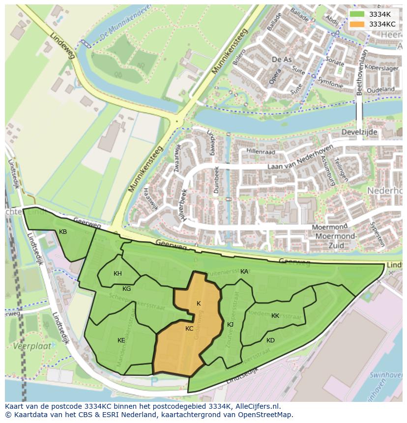 Afbeelding van het postcodegebied 3334 KC op de kaart.