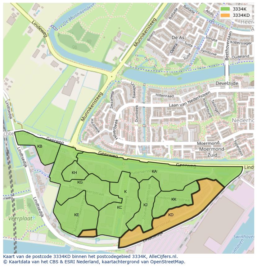 Afbeelding van het postcodegebied 3334 KD op de kaart.