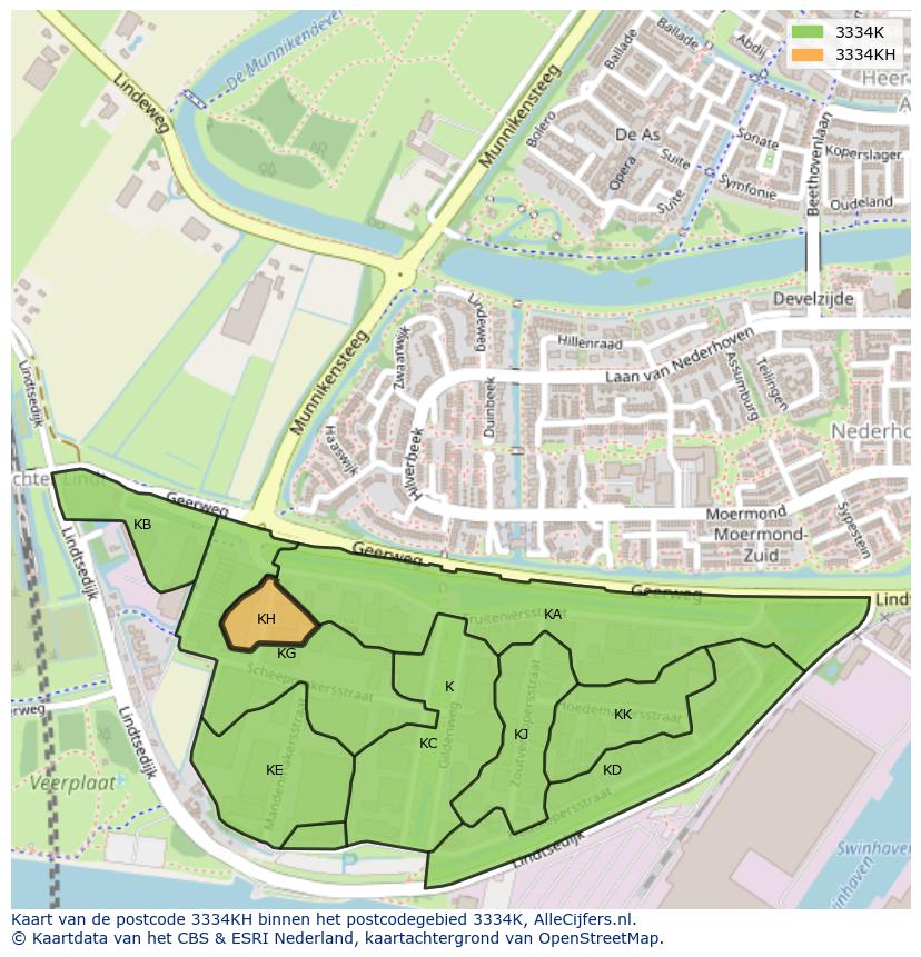 Afbeelding van het postcodegebied 3334 KH op de kaart.