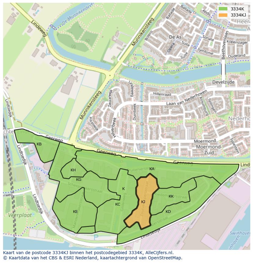 Afbeelding van het postcodegebied 3334 KJ op de kaart.