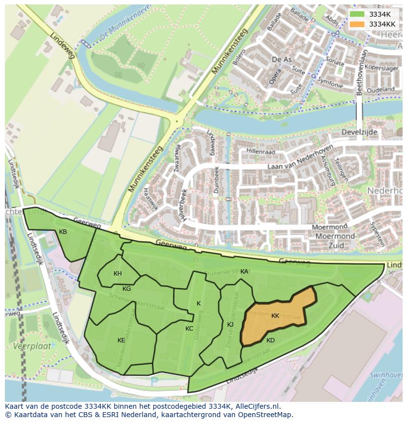 Afbeelding van het postcodegebied 3334 KK op de kaart.