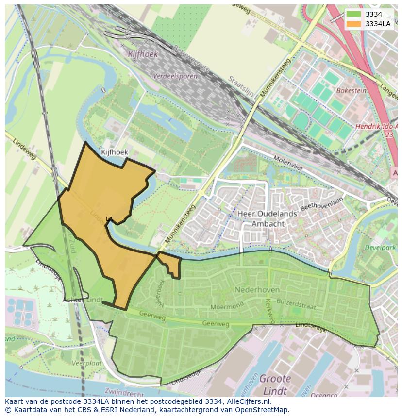 Afbeelding van het postcodegebied 3334 LA op de kaart.