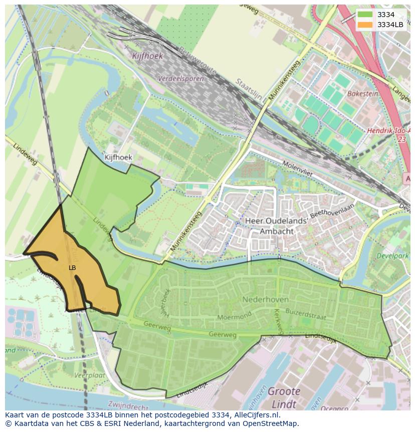 Afbeelding van het postcodegebied 3334 LB op de kaart.