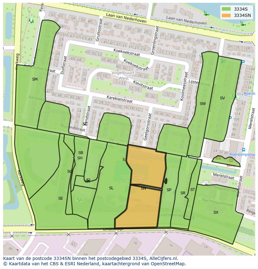 Afbeelding van het postcodegebied 3334 SN op de kaart.
