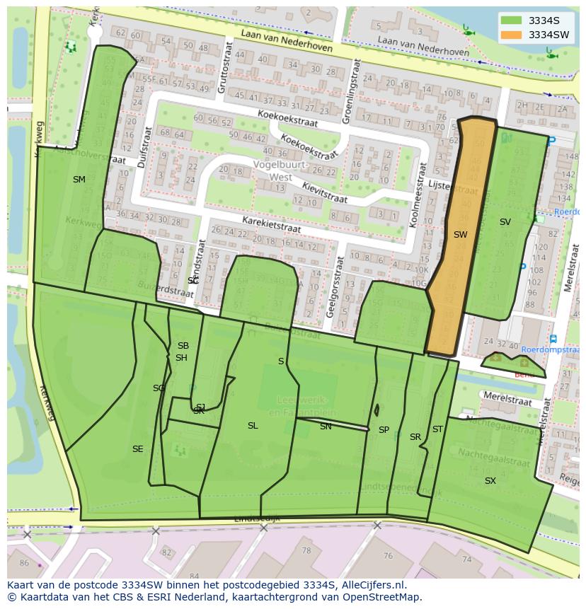 Afbeelding van het postcodegebied 3334 SW op de kaart.