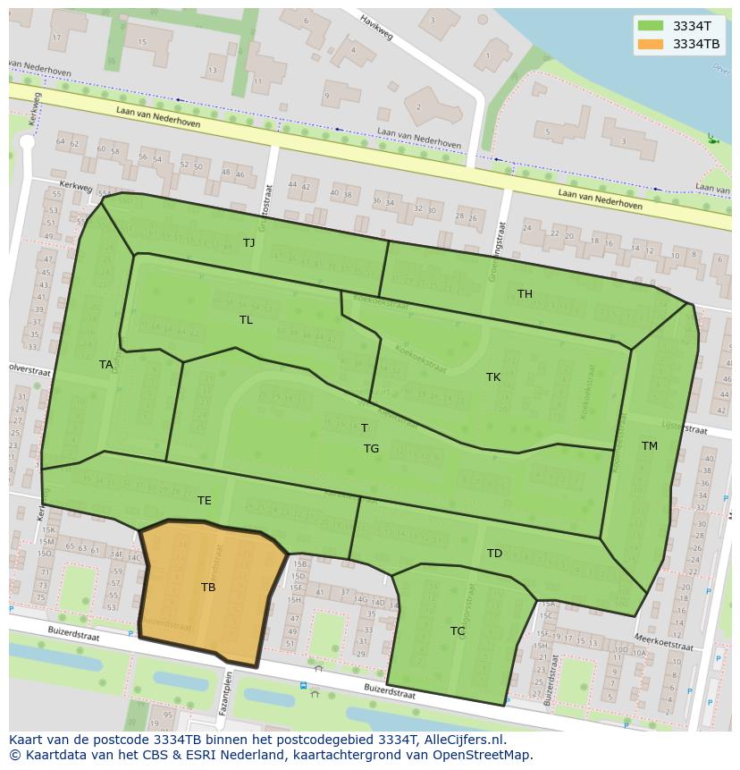 Afbeelding van het postcodegebied 3334 TB op de kaart.