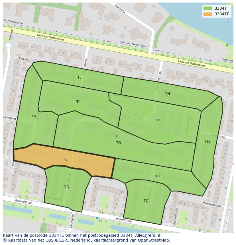 Afbeelding van het postcodegebied 3334 TE op de kaart.