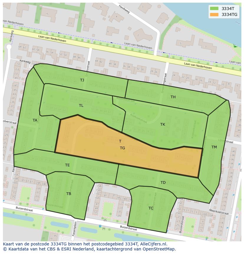 Afbeelding van het postcodegebied 3334 TG op de kaart.