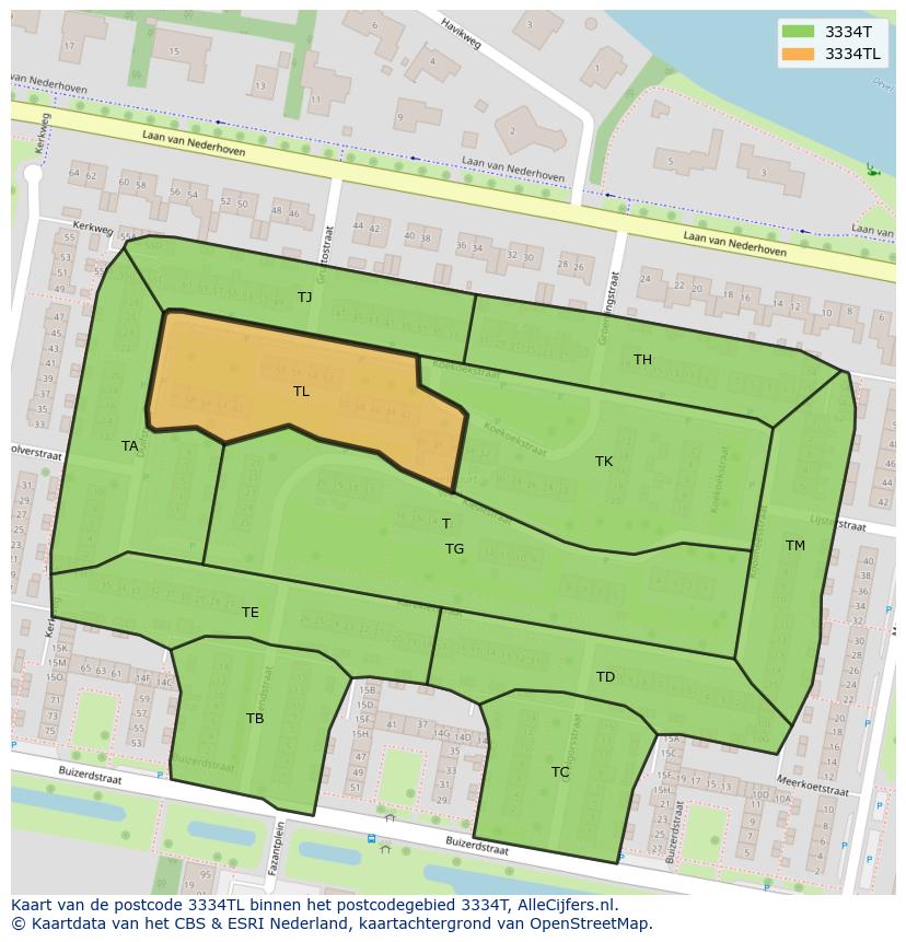 Afbeelding van het postcodegebied 3334 TL op de kaart.