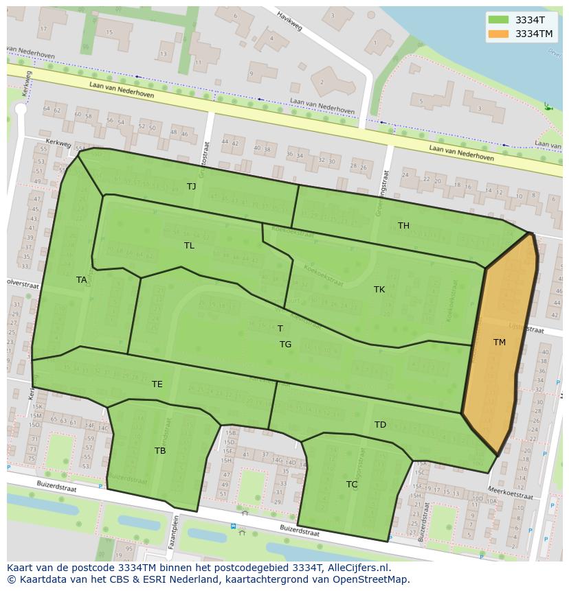 Afbeelding van het postcodegebied 3334 TM op de kaart.